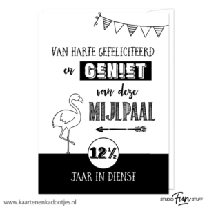 Kaart 12½ jaar in dienst vlaggetjes wit/zwart