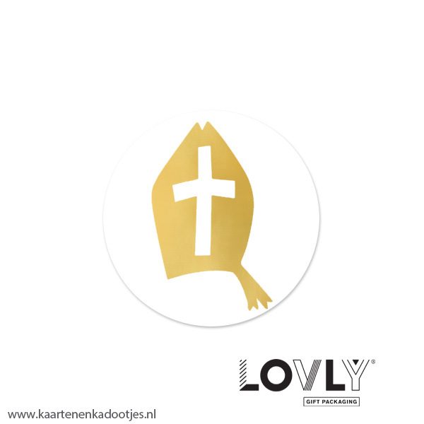 6 Stickers rond 40 mm mijter wit/goudfolie