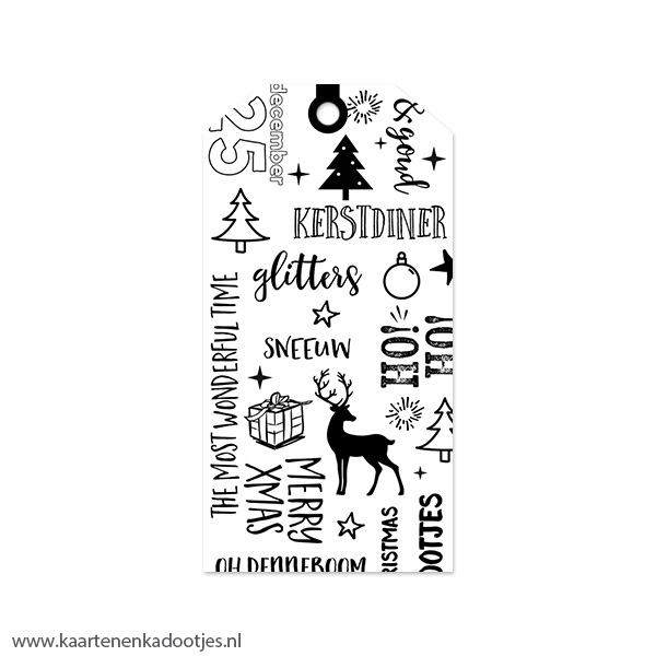 Kadolabel medium Kerst serie handlettering rendier wit/zwart