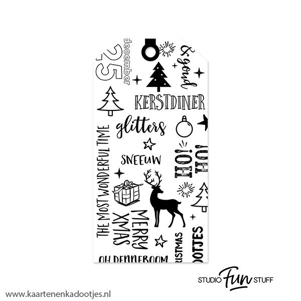 Kadolabel medium Kerst serie handlettering rendier wit/zwart