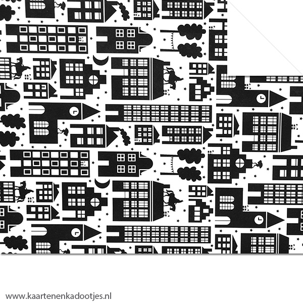 Kadopapier Sint in the city wit/zwart