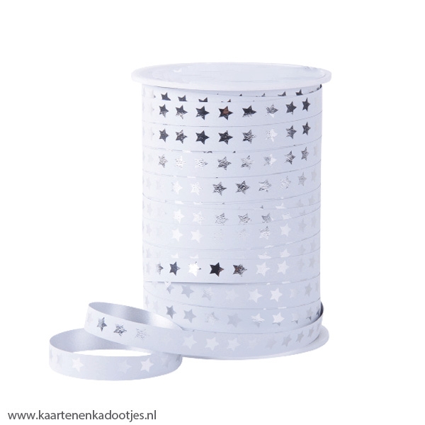Krullint 10 mm Christmas stars wit/zilverfolie 3 meter