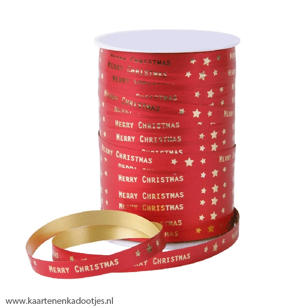 Krullint 10 mm Merry Christmas sterretjes steenrood/goudfolie 3 meter