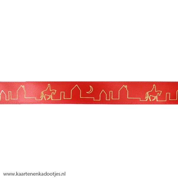 Satijnlint 16 mm Sint op dak rood/goudfolie 3 meter