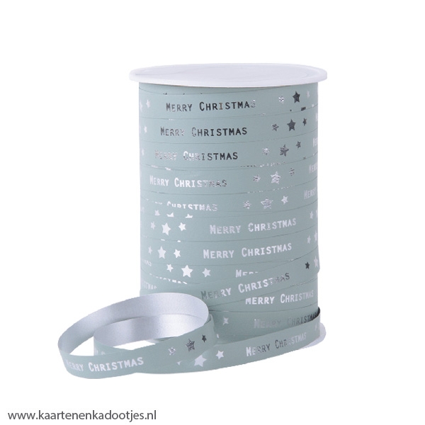 Krullint 10 mm Merry Christmas sterretjes grijsgroen/zilverfolie 3 meter