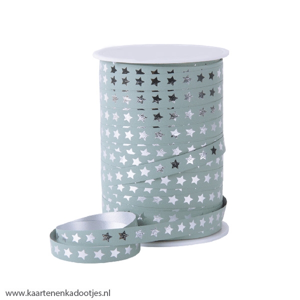 Krullint 10 mm Christmas stars grijsgroen/zilverfolie 3 meter