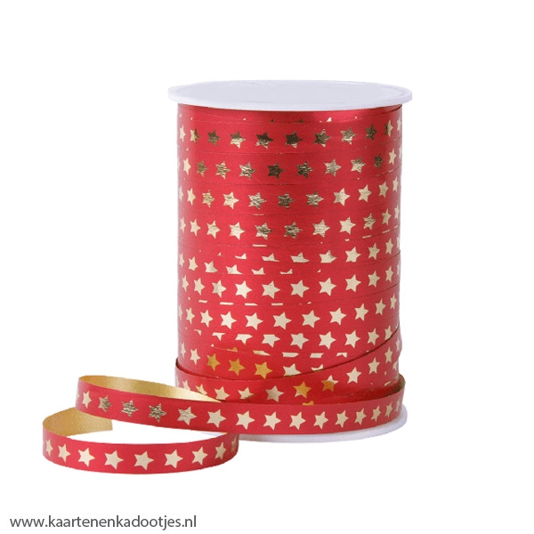 Krullint 10 mm Christmas stars steenrood/goudfolie 3 meter