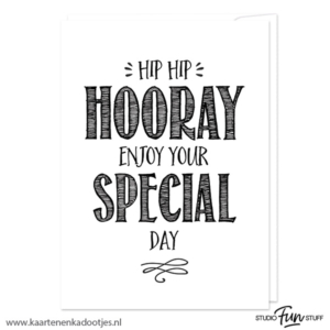 Kaart hip hip hooray enjoy your special day wit/zwart