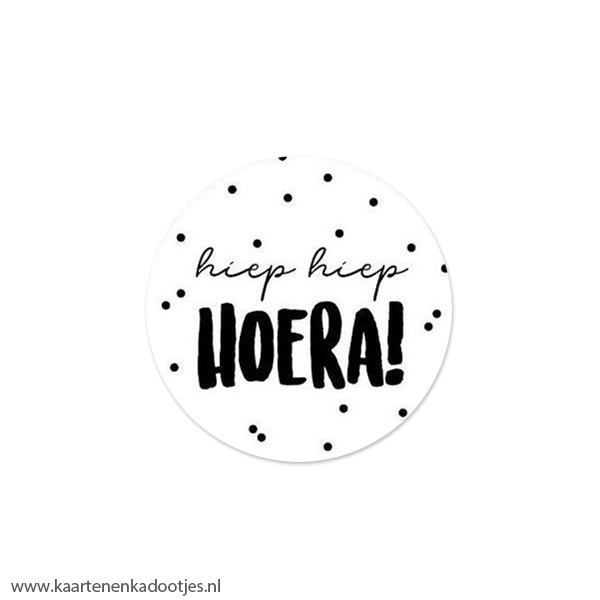 6 Stickers rond 40 mm hiep hiep hoera stipjes wit/zwart