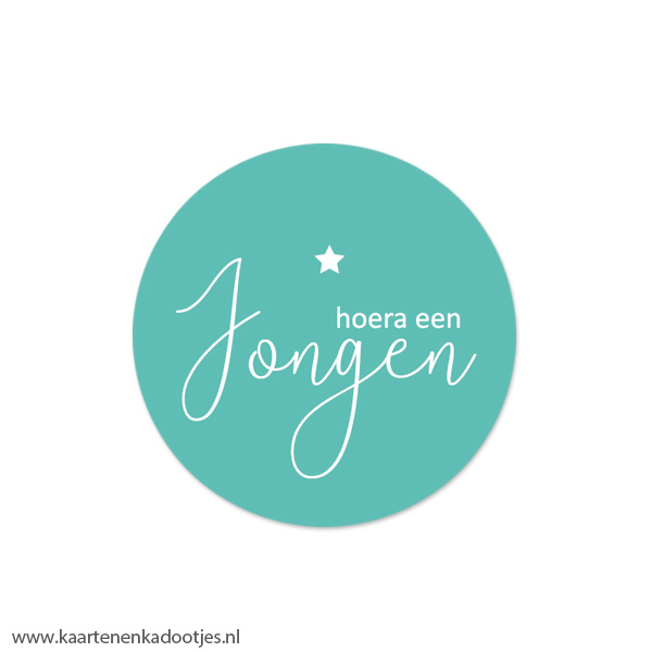 5 Stickers rond 50 mm hoera een jongen aqua/wit