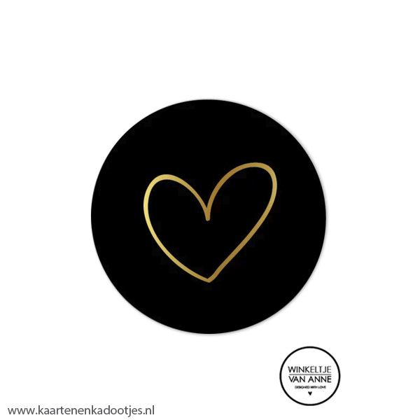 5 Stickers rond 45 mm heart gold zwart/goudfolie