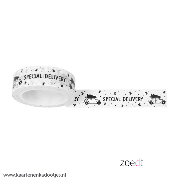 Washi tape special delivery kever met kerstboom wit/zwart