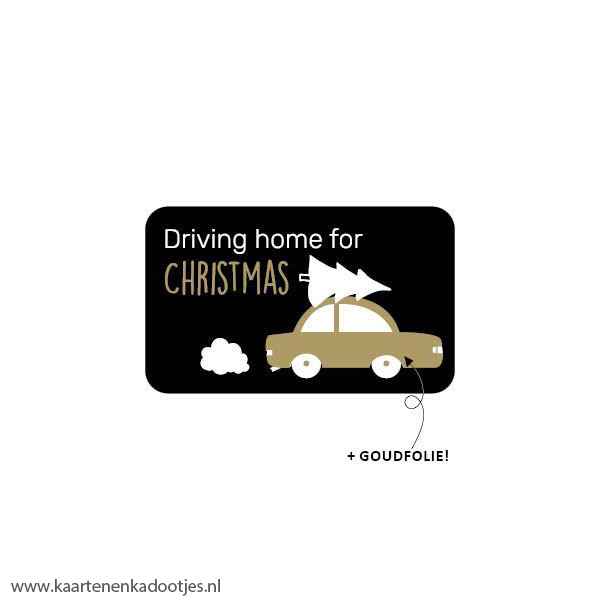 6 Stickers rechthoek 58x35 mm driving home for Christmas zwart/wit/goudfolie