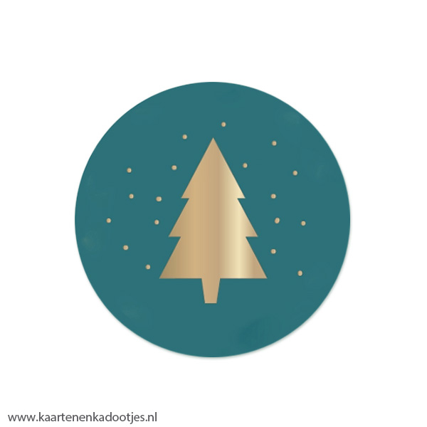 5 Stickers rond 55 mm kerstboom petrol/goudfolie