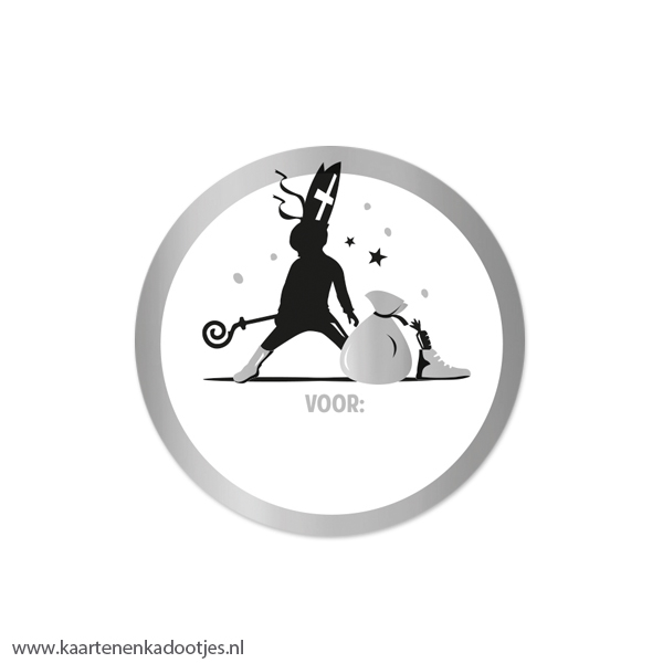 5 Stickers rond 50 mm jongen met mijter en staf zilverfolie mat