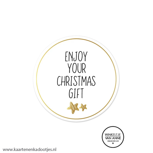 5 Stickers rond 45 mm enjoy your Christmas gift wit/zwart/goudfolie