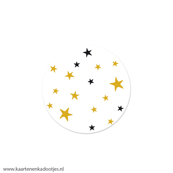 6 Stickers rond 40 mm sterretjes wit/zwart/goudfolie