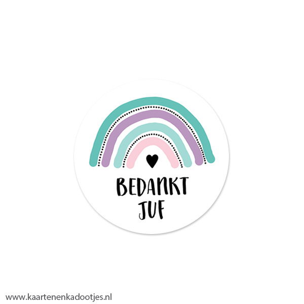 5 Stickers rond 40 mm bedankt juf regenboog paars/mint