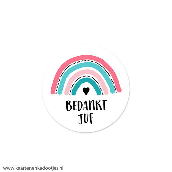 5 Stickers rond 40 mm bedankt juf regenboog teal/koraal
