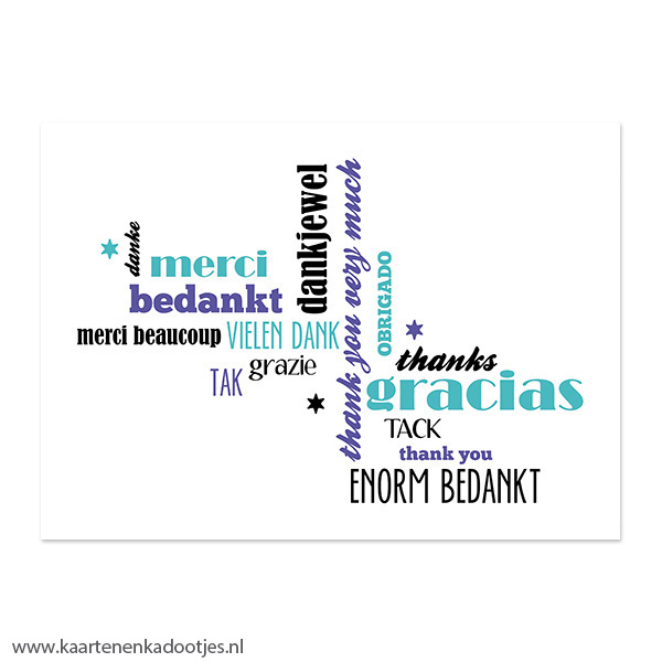 Kaart bedankt in diverse talen teal/indigo
