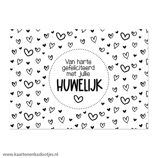 Kaart van harte gefeliciteerd met jullie huwelijk hartjes wit/zwart