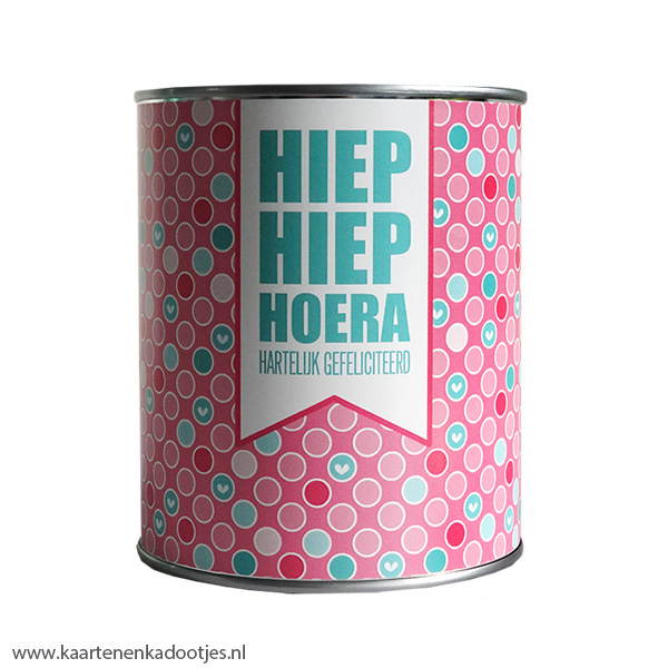 Kadoblik 750 ml hiep hiep hoera stippels pink/turquoise