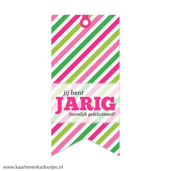 Kadolabel medium vaan jij bent jarig strepen pink