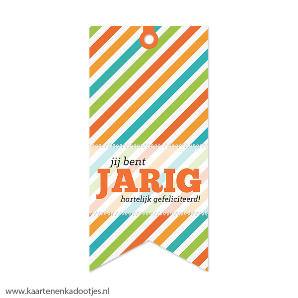 Kadolabel medium vaan jij bent jarig strepen oranje