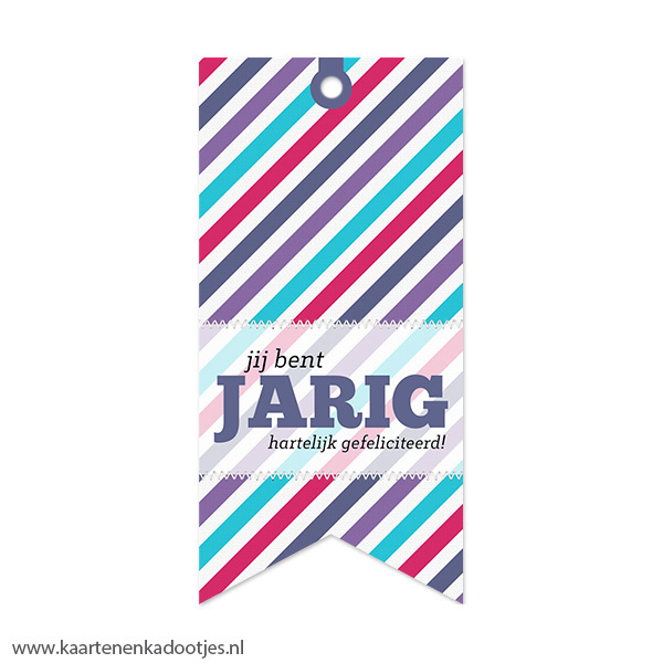 Kadolabel medium vaan jij bent jarig strepen blauw
