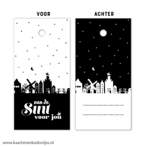 Kadolabel 4x8 cm huisjes en molen van de Sint voor jou wit/zwart