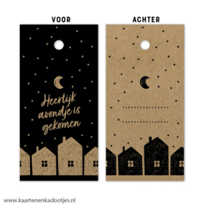 Kadolabel 4x8 cm heerlijk avondje is gekomen kraft/zwart