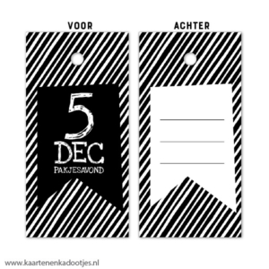 Kadolabel 4x8 cm 5 DEC pakjesavond streepjes zwart/wit
