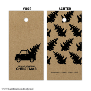 Kadolabel 4x8 cm driving home for Christmas kraft/zwart