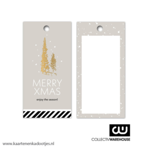 Kadolabel 4x8 cm pine trees gold merry Xmas goudfolie