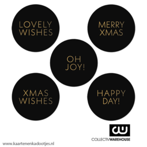 5 Stickers rond 50 mm Xmas wishes zwart/goudfolie assorti