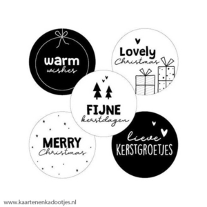 5 Stickers rond 40 mm Kerst zwart/wit assorti