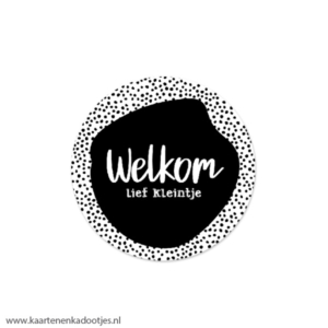 6 Stickers rond 45 mm welkom lief kleintje stipjes wit/zwart