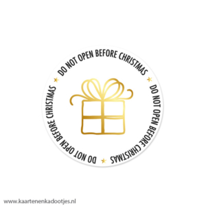 5 Stickers rond 50 mm do not open before Christmas wit/zwart/goudfolie