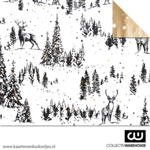 Kadopapier reindeer forest wit/zwart/goudfolie dubbelzijdig