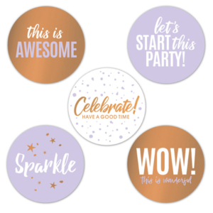 5 Stickers rond 50 mm party lila/wit/bronsfolie assorti