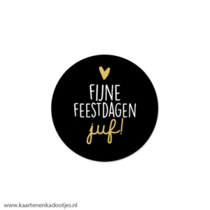 6 Stickers rond 40 mm fijne feestdagen juf zwart/wit/goudfolie