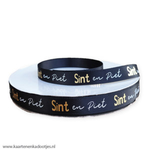 Satijnlint 12 mm Sint en Piet zwart/wit/goudfolie 3 meter