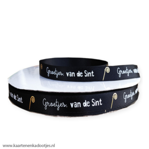 Satijnlint 12 mm groetjes van de Sint staf zwart/wit/goudfolie 3 meter