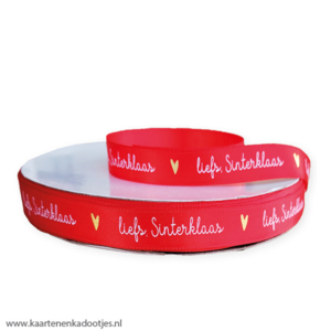Satijnlint 12 mm liefs Sinterklaas hartje rood/wit/goudfolie 3 meter
