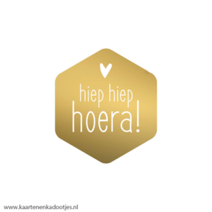6 Stickers zeshoek 40x35 mm hiep hiep hoera goudfolie/wit