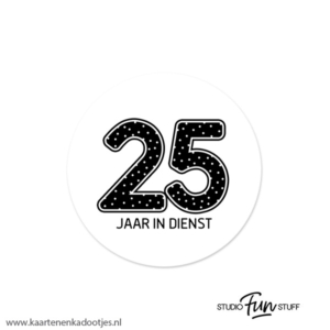 5 Stickers rond 51 mm 25 jaar in dienst stipjes wit/zwart