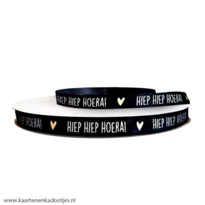 Satijnlint 12 mm hiep hiep hoera hartje zwart/wit/goudfolie 3 meter