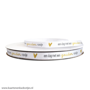 Satijnlint 12 mm een dag met een gouden randje wit/zwart/goudfolie 3 meter