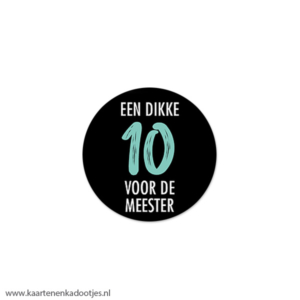 7 Stickers rond 35 mm een dikke 10 voor de meester zwart/wit/aqua