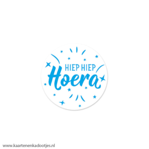 7 Stickers rond 35 mm hiep hiep hoera wit/blauw